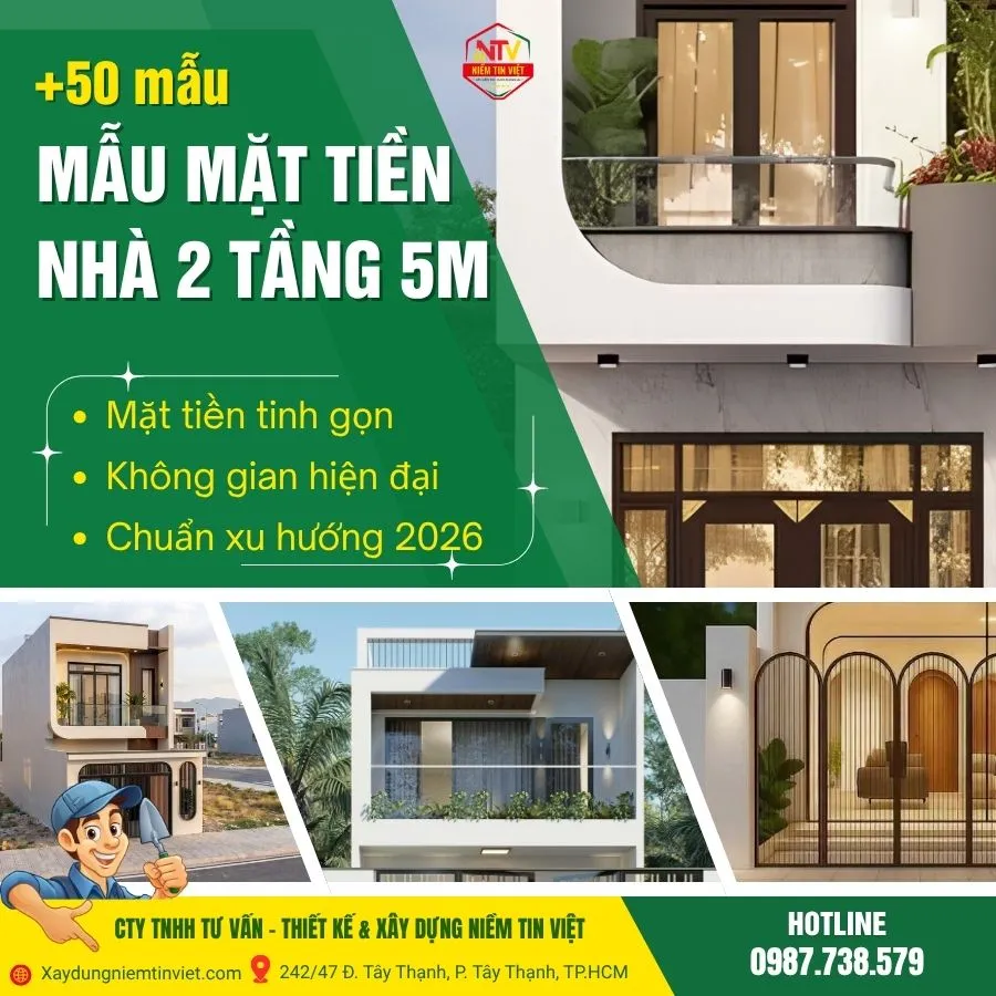 Mặt tiền nhà 2 tầng 5m hiện đại